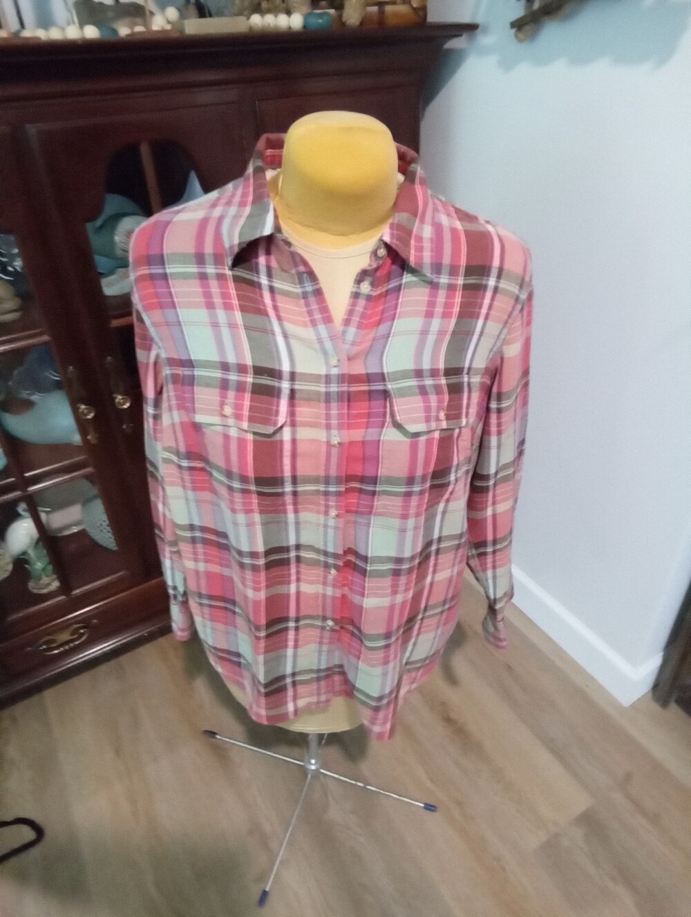 Chaps Plus Size 1X Plaid Button Down Collard Long Sleeve Shirt Pinks And Green